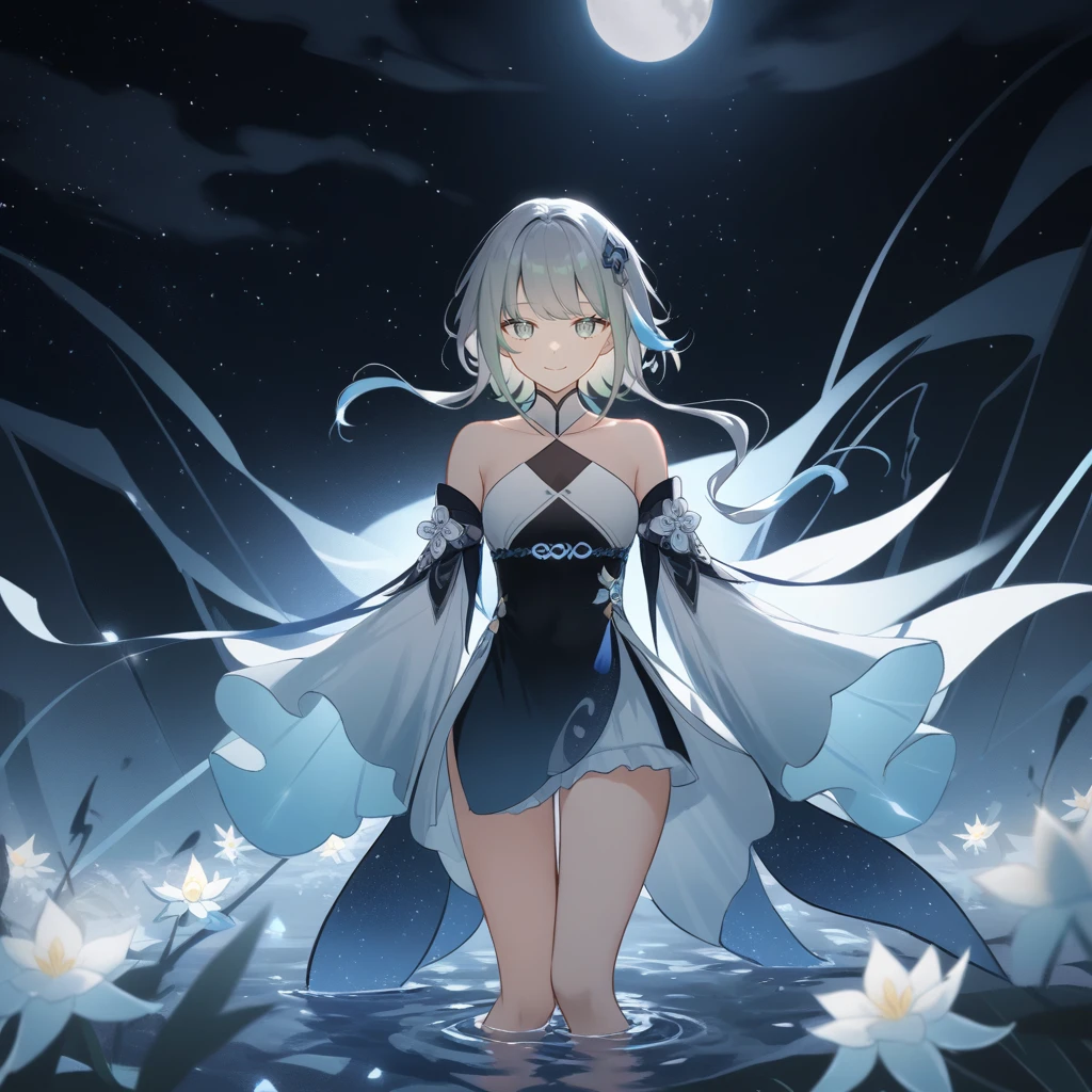 1girl, guizhong_\(genshin_impact\),light grey hair,short_hair_with_long_locks,starry_sky_print,detached_sleeves, long sleeves_past_fingers,hanfu,illustrated by matsuryuu and agahari and dsmile,pale blue eyes,stunning field of softly glowing blue and white glaze lilies,night scene,gentle smile,moonlight,glossy lips,vivid anime coloring,cel shading,smooth, soft dreamy focus,anklet,halter_top,white clothes,highly detailed,digital painting,field of flowers,bare_shoulders,wlop,barefoot,cool night tones, magical night scene,masterpiece, best quality, film, professional, 4k, highly detailed,Guardian nebula of rainbow light and silvery vapor,starry,cosmic,goddess,rich color,hdr,silver moon,
Sefaria, A woman shrouded in mystery, Stand gracefully on the endless shore, Surrounded by the darkness of the abyss. The harmony crystal she held in her hand emitted a soft glow, Creates a faint glow in the haze. Her face, Full of expression and depth, It was as if a silhouette emerged from the center of darkness.
Her eyes, It is a purple crystal, Reflecting an awareness of suffering and an indomitable desire to restore light to a forgotten world. Her delicate eyebrows add dimension to her expression, And her long, flowing vibrant blonde hair, The waterfall was on her shoulder, Contrast with the dark background.
She wore a dress woven from luminous fabric, It was as if the light itself had become intertwined in her existence. The dress is elegant and flowy, Creates gentle movements in the night breeze. Its color palette reflects the spectrum, From ocean blue to crystal white.
Her posture, Both upright and elegant, Convey courage and determination in the face of darkness. Her hand gripped the Harmony Crystal tightly, As if she were the last guardian of hope in the silent world. In a dimly lit environment, She is a beacon, Be firm in a shady environment.
The background is engulfed in deep darkness, The dark night sky is dotted with sparkling stars. The vast sea stretched out in front