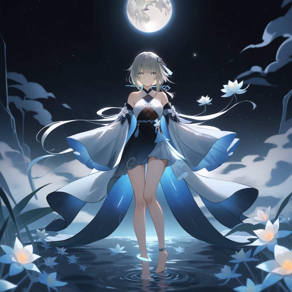 1girl, guizhong_\(genshin_impact\),light grey hair,short_hair_with_long_locks,starry_sky_print,detached_sleeves, long sleeves_past_fingers,hanfu,illustrated by matsuryuu and agahari and dsmile,pale blue eyes,stunning field of softly glowing blue and white glaze lilies,night scene,gentle smile,moonlight,glossy lips,vivid anime coloring,cel shading,smooth, soft dreamy focus,anklet,halter_top,white clothes,highly detailed,digital painting,field of flowers,bare_shoulders,wlop,barefoot,cool night tones, magical night scene,masterpiece, best quality, film, professional, 4k, highly detailed,Guardian nebula of rainbow light and silvery vapor,starry,cosmic,goddess,rich color,hdr,silver moon,

Sefaria, A woman shrouded in mystery, Stand gracefully on the endless shore, Surrounded by the darkness of the abyss. The harmony crystal she held in her hand emitted a soft glow, Creates a faint glow in the haze. Her face, Full of expression and depth, It was as if a silhouette emerged from the center of darkness.

Her eyes, It is a purple crystal, Reflecting an awareness of suffering and an indomitable desire to restore light to a forgotten world. Her delicate eyebrows add dimension to her expression, And her long, flowing vibrant blonde hair, The waterfall was on her shoulder, Contrast with the dark background.

She wore a dress woven from luminous fabric, It was as if the light itself had become intertwined in her existence. The dress is elegant and flowy, Creates gentle movements in the night breeze. Its color palette reflects the spectrum, From ocean blue to crystal white.

Her posture, Both upright and elegant, Convey courage and determination in the face of darkness. Her hand gripped the Harmony Crystal tightly, As if she were the last guardian of hope in the silent world. In a dimly lit environment, She is a beacon, Be firm in a shady environment.

The background is engulfed in deep darkness, The dark night sky is dotted with sparkling stars. The vast sea stretched out in front