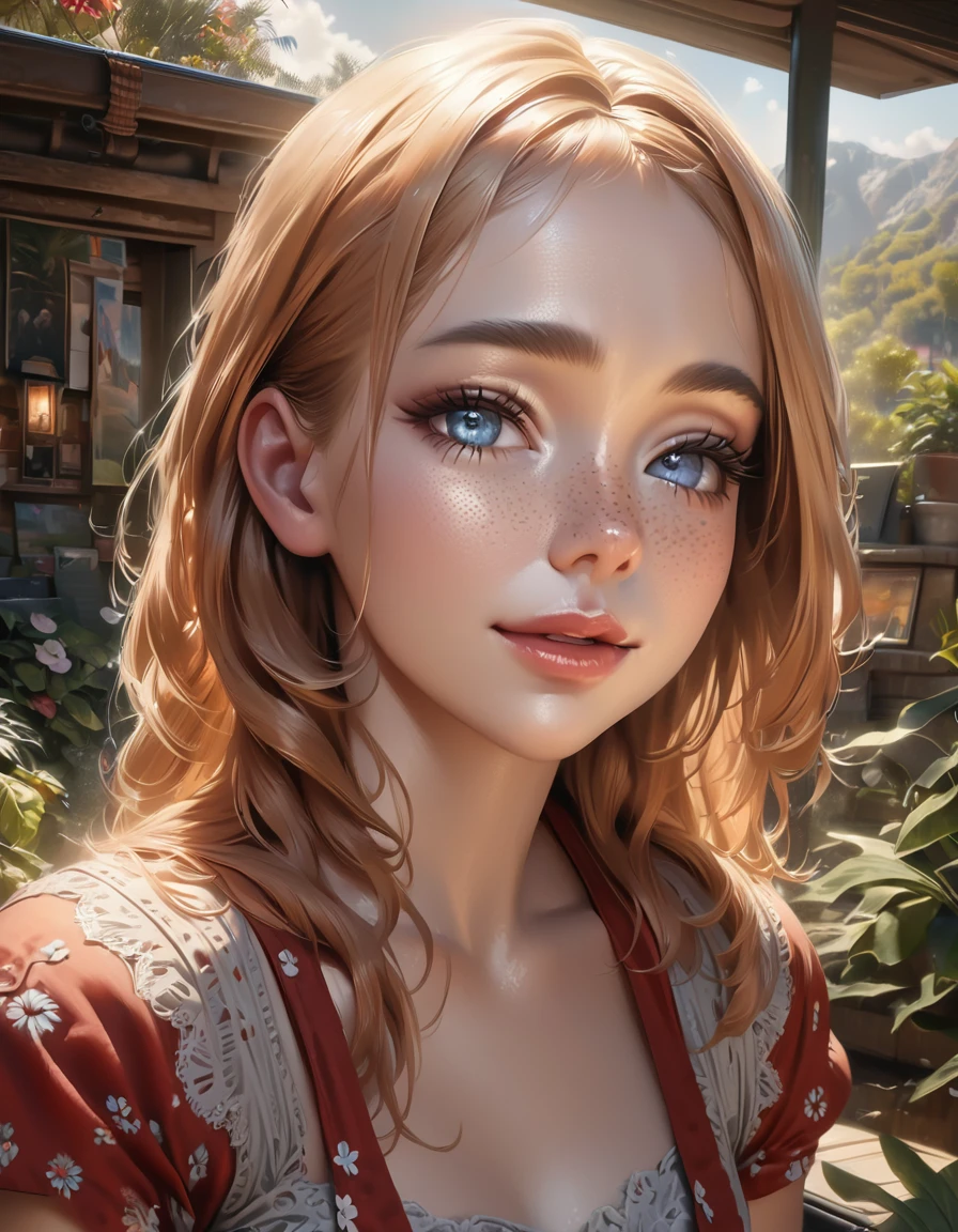 a girl in a red and black spotted dress, beautiful detailed eyes, beautiful detailed lips, extremely detailed eyes and face, long eyelashes, 1 girl, solo, orange hair, blue eyes, smiling, puffy short sleeves, freckles, garden, outdoors, (best quality, 4k, 8k, highres, masterpiece:1.2), ultra-detailed, (realistic, photorealistic, photo-realistic:1.37), HDR, UHD, studio lighting, ultra-fine painting, sharp focus, physically-based rendering, extreme detail description, professional, vivid colors, bokeh, portraits, landscape