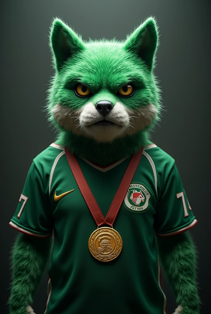 A green colored mascot, looking like a team, with a serious and gloomy face, with the champion background and a gold medal.
With a dark and more serious background