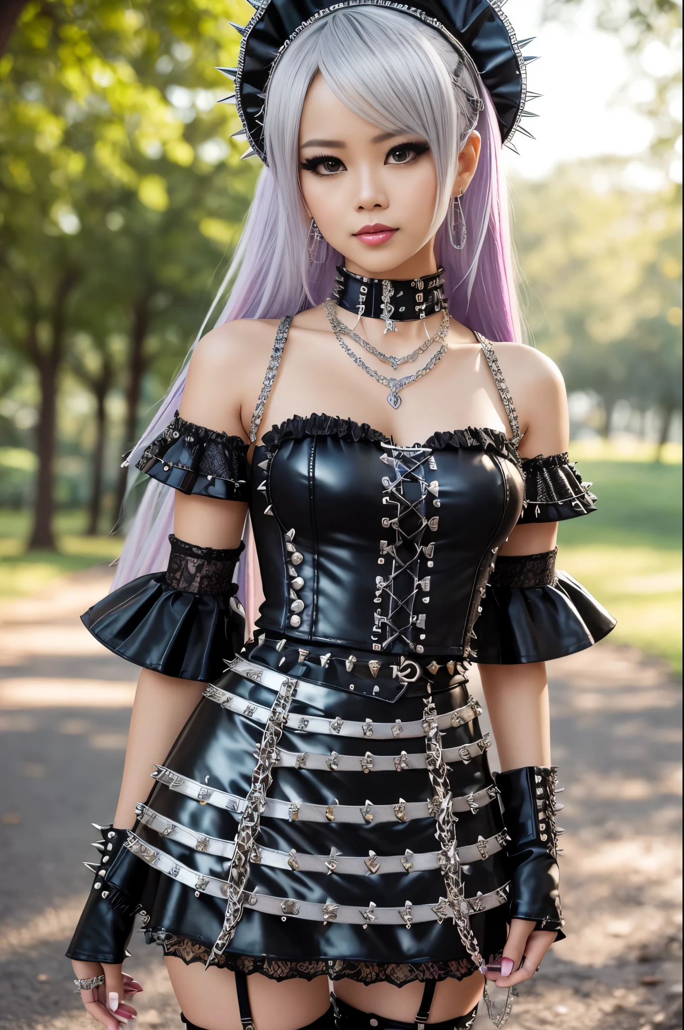 sexy stylish Thai model, only 1 female, long multicolor stylish hair, ((shiny Punk-Style boots)), smile, light soft makeup, lip-gloss, ((sexy Punk Lolita cosplay)), unconventional skirt, petticoats, high neckline, ((ultra detailed lace)), ((ultra detailed embroidery)), intricate details, tartan patterns, ((silver chains)), ((silver spikes)), ((safety pins)), Punk Lolita accessoires, Punk Lolita choker, ((large sparkling Punk Lolita jewelry)), cinematic light, detailed large park background with trees