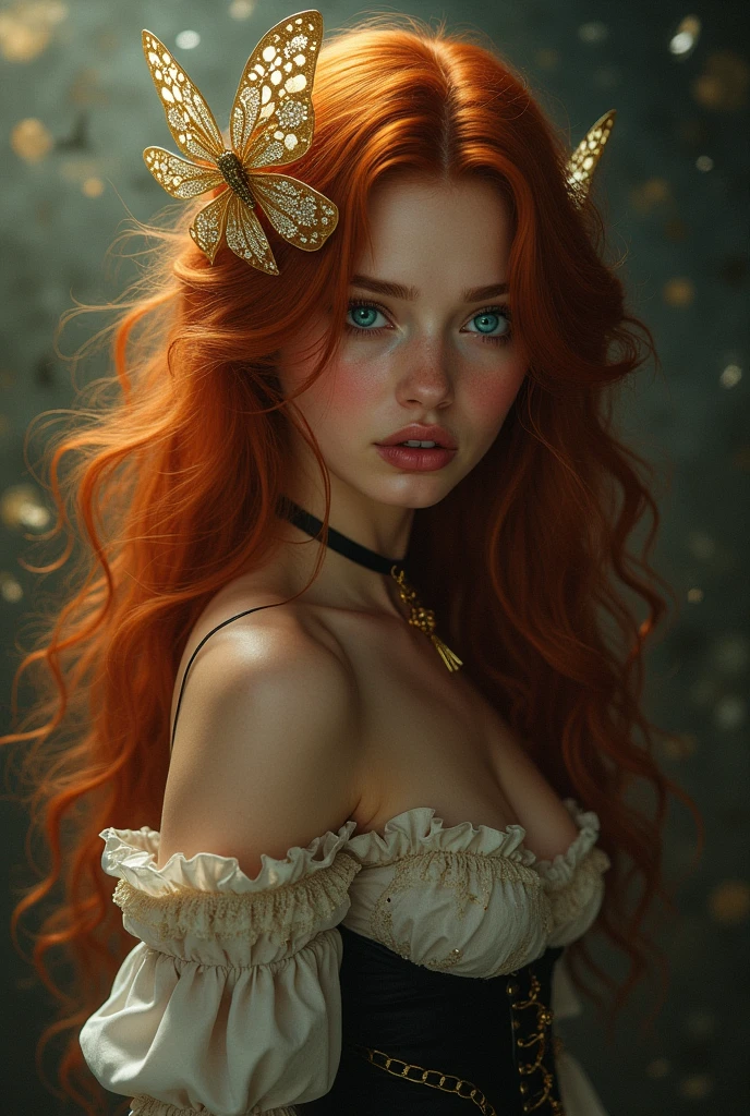 (solo, full body photo:1.3), (action packed:1.3), (haze, fog, mist:1.3), chiaroscuro, best quality, photorealistic, 1woman, (cute), (24yo:1.2), redhead, long ginger hair highly detailed, 1700'S, digital photography, art by artgerm and ruan jia and greg rutkowski surreal painting gold butterfly filigree, broken glass, (masterpiece, sidelighting, finely detailed Fashionable eyes: 1.2) (perfect oval large eyes that gazes at the viewer), beautiful detailed face, blue gorgeous perfect eyes, (blonde hair ponytail), (attractive young woman:1.3), (thick amazing hair), (seductive:1.1), (blushing:1.1)