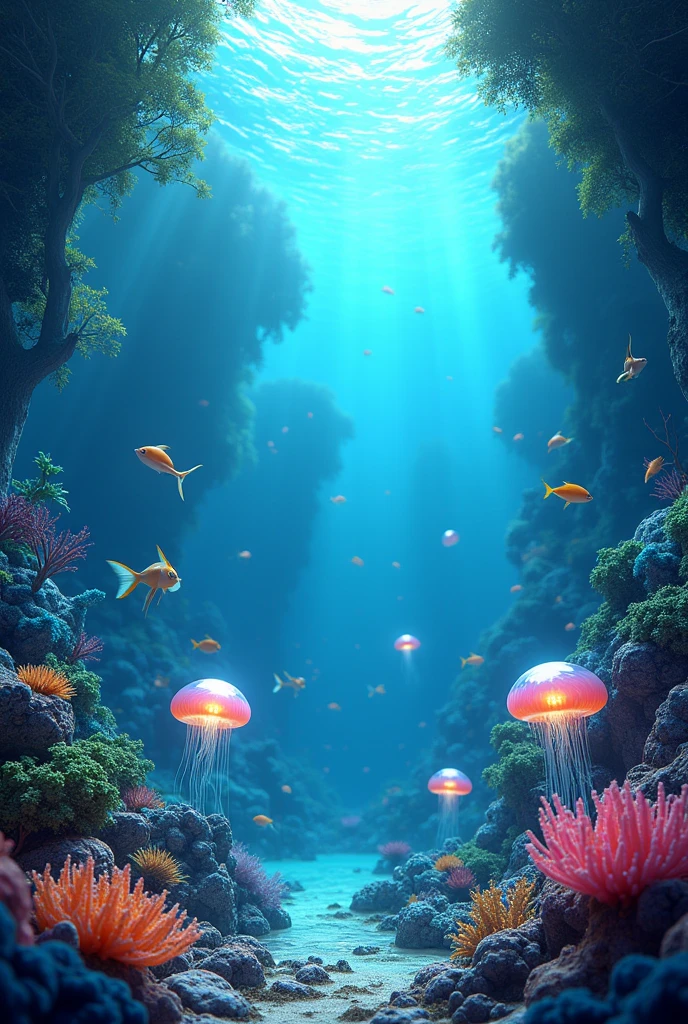 masterpiece, best quality, (Very detailed的 CG unity 8k 壁纸), (best quality), (Best Illustration), (Best shadow), 融入自然元素的Ocean Theme. Tall mangroves, rich Marine plants, Glowing jellyfish, There are schools of fish around, 发光Particle Effects,, (Marine plants), (Ocean Theme), ((Glowing algae)), (coral), ((Glowing jellyfish )), ((Bioluminescent organisms in the sea)), ((Sea Fire)), (((Particle Effects))), Isometric 3D, Octane Rendering, Ray Tracing, Very detailed