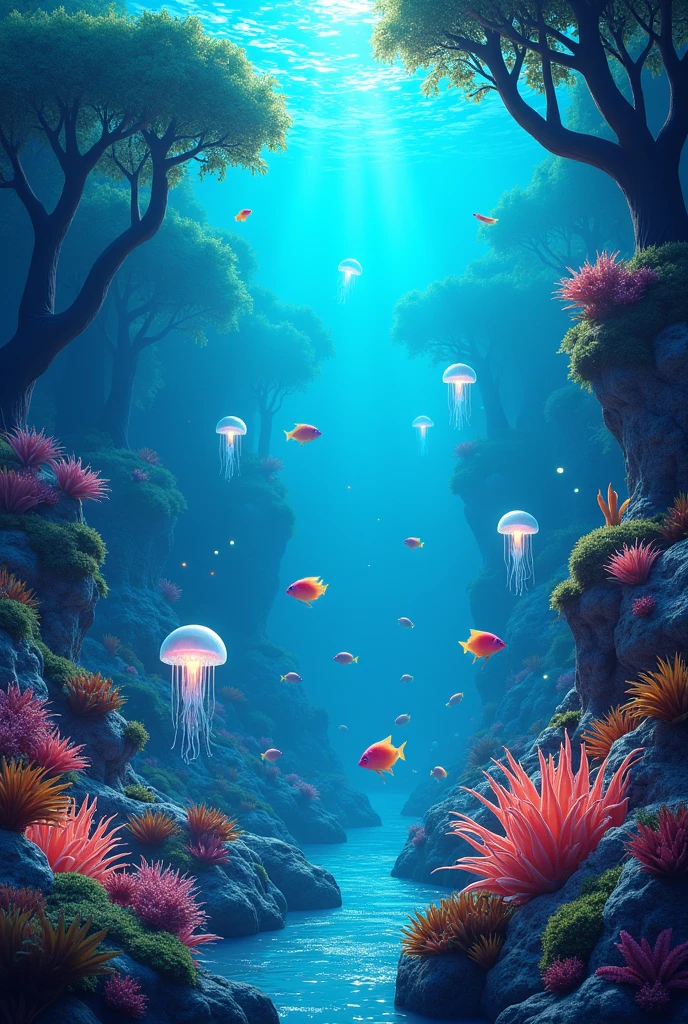 masterpiece, best quality, (Very detailed的 CG unity 8k 壁纸), (best quality), (Best Illustration), (Best shadow), 融入自然元素的Ocean Theme. Tall mangroves, rich Marine plants, Glowing jellyfish, There are schools of fish around, 发光Particle Effects,, (Marine plants), (Ocean Theme), ((Glowing algae)), (coral), ((Glowing jellyfish )), ((Bioluminescent organisms in the sea)), ((Sea Fire)), (((Particle Effects))), Isometric 3D, Octane Rendering, Ray Tracing, Very detailed