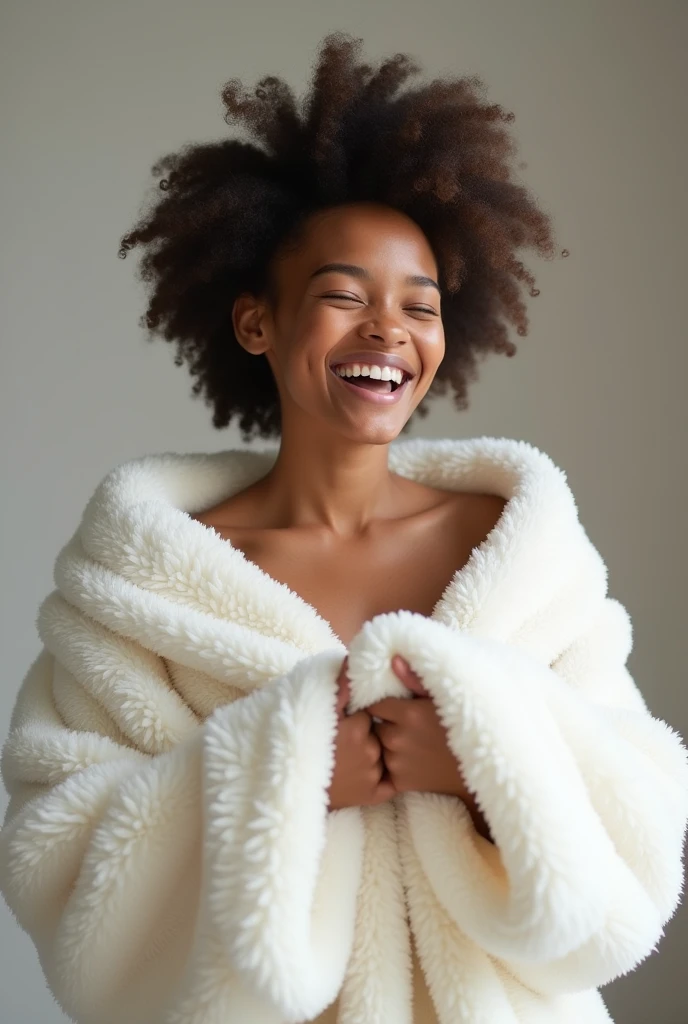 person holding a white blanket, laughing. Hyperrealistic image with a lens aperture of 1.4 at a focal length of 35 mm