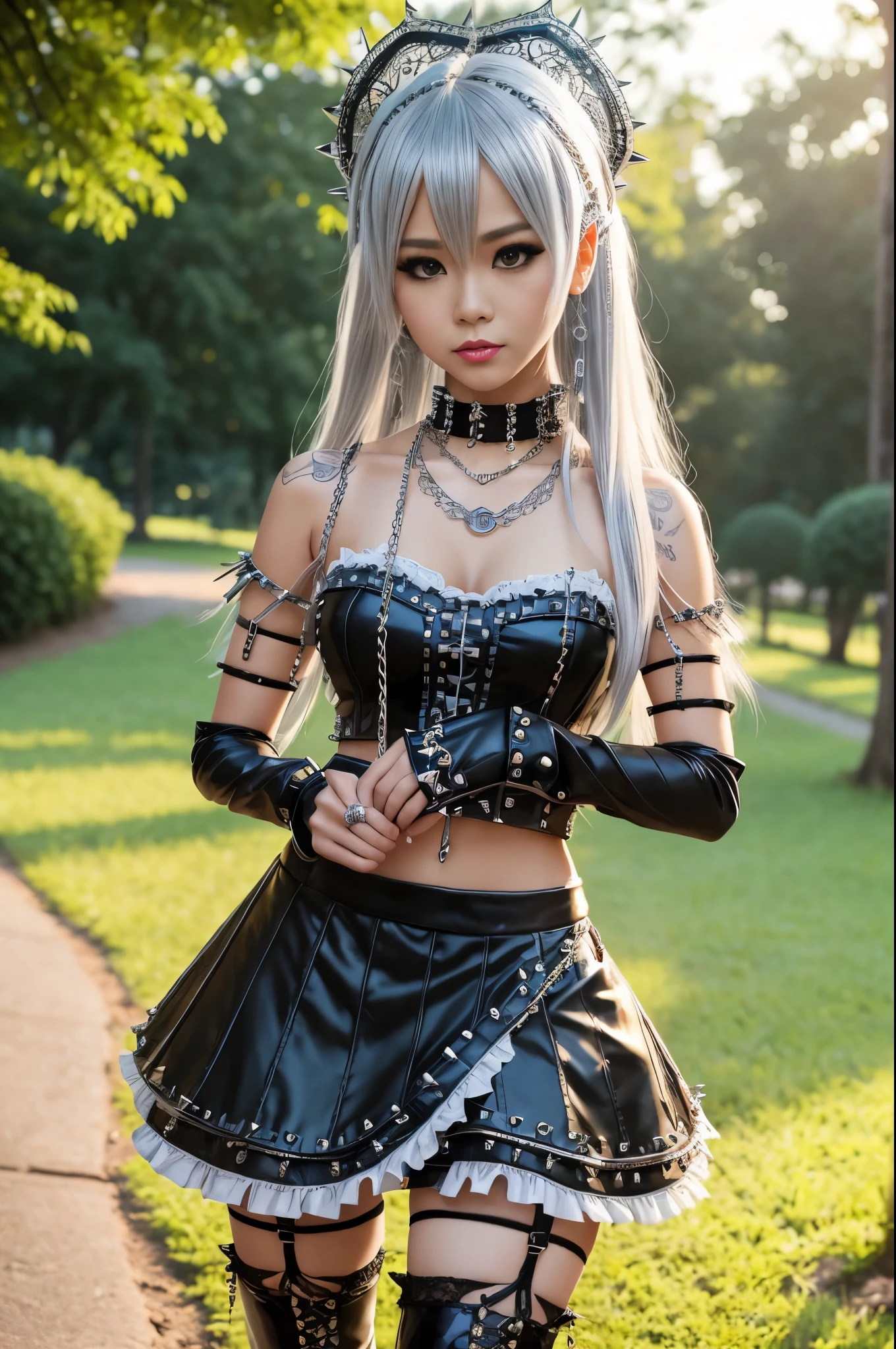 sexy stylish Thai model, only 1 female, long multicolor stylish hair, ((shiny Punk-Style boots)), smile, light soft makeup, lip-gloss, ((sexy Punk ta cosplay)), unconventional skirt, petticoats, high neckline, ((ultra detailed lace)), ((ultra detailed embroidery)), intricate details, tartan patterns, ((silver chains)), ((silver spikes)), ((safety pins)), Punk Loliccessoires, Punk Lolita cr, ((large sparkling Punk Lolita jewel, cinematic light, detailed large park background with trees