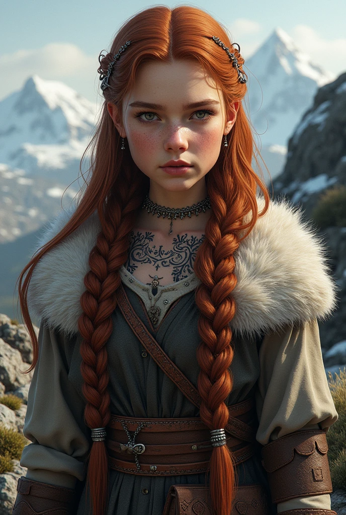 Realistic 14 year old viking girl, Nordic tattoos, light clothing