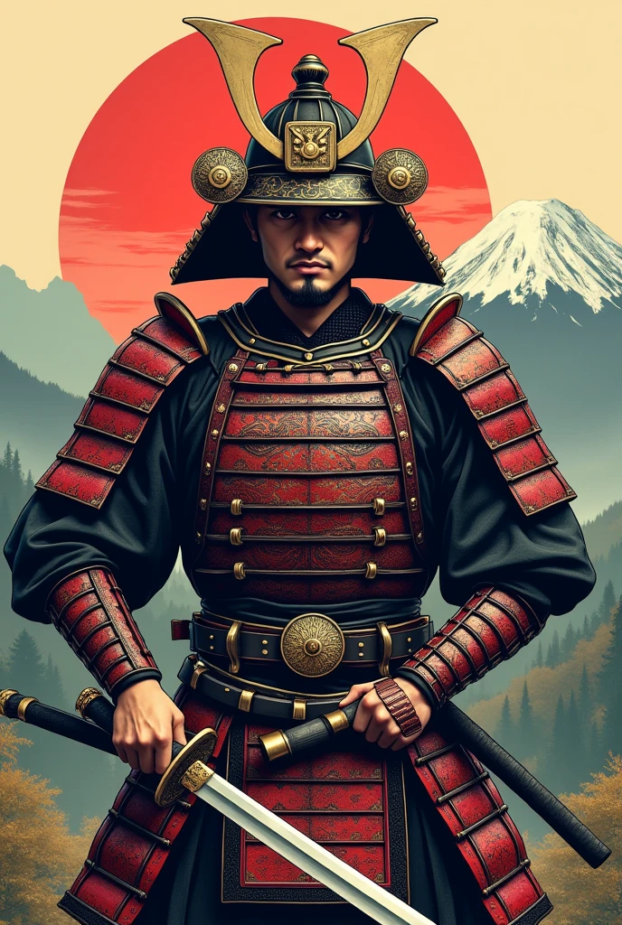 Graphic od Japaneese samurai holding katana 