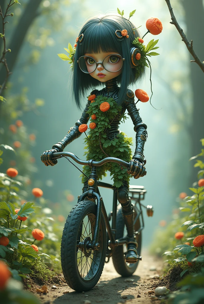8k, illustration, a young girl with a long, beautiful face who has a little bit of everything, straight hair, transparent glasses, a unicycle robot body, full body, surrealism, fantasy, robots, mechanical vegetable, creepy, horror, sharp focus, robotic, surreal, intricate, fantasy