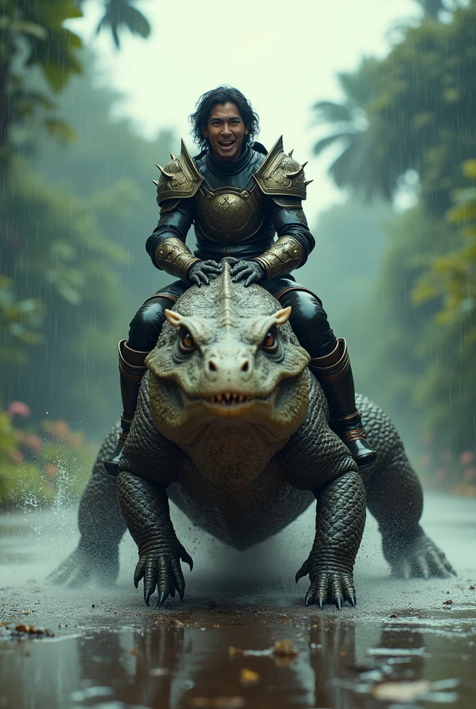 an indonesian fierce handsome man age 32 wavy hair wearing armor suit, riding a giant reptile in a rainy weather in Indonesia, joyously riding, water puddle, realistic photo style, 8k resolution, shot by Canon DSLR, super-detailed