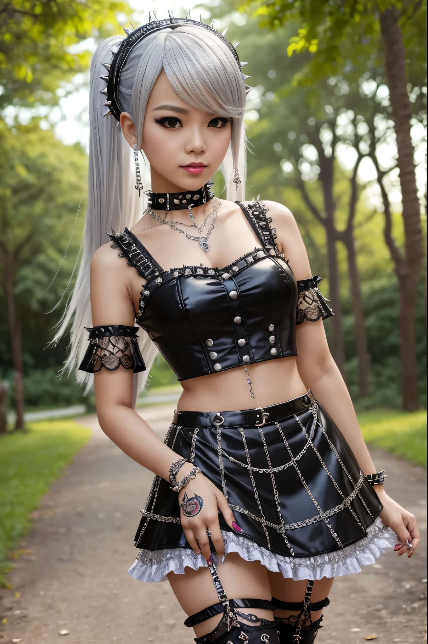 sexy stylish Thai model, only 1 female, long multicolor stylish hair, ((shiny Punk-Style boots)), smile, light soft makeup, lip-gloss, ((sexy Punk ta cosplay)), unconventional skirt, petticoats, high neckline, ((ultra detailed lace)), ((ultra detailed embroidery)), intricate details, tartan patterns, ((silver chains)), ((silver spikes)), ((safety pins)), Punk Loliccessoires, Punk Lolita cr, ((large sparkling Punk Lolita jewel, cinematic light, detailed large park background with trees