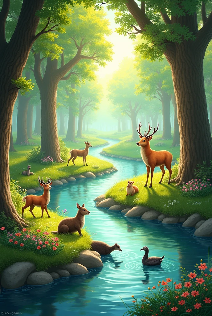 A beautiful river with trees and grass and animals