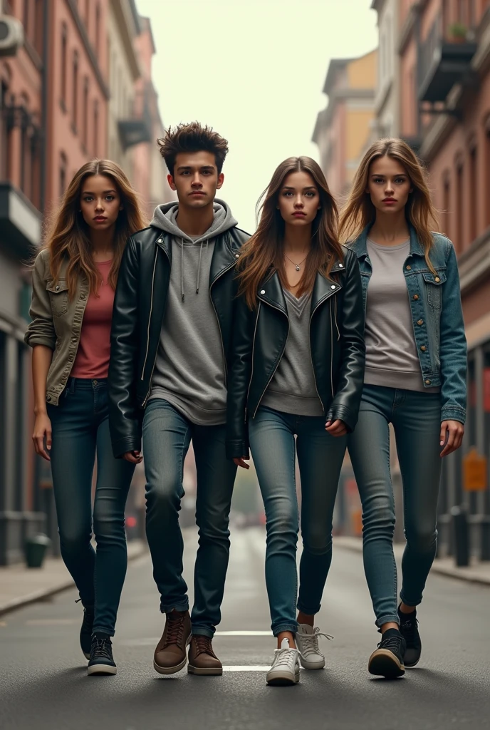Image of 4 teenagers walking back to back, 2 are men and the other 2 are women
