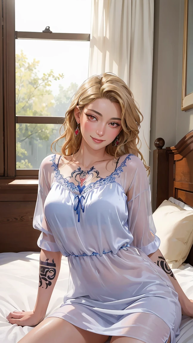 ((((masterpiece, best quality, high resolution)))), Extremely detailed 8K, Beautiful girl with voluptuous body, (Ultra HD, Ultra-detailed, Highly detailed, Highly realistic, Ultra-realistic, photograph realistic), (1girl:1.5), (Realistic blonde hair), (long wavy hair, hair ornaments, earrings), (dynamic poses), facing at camera, looking at viewer, (blushing red, embarrassed, smile), (red eyes, sharp eyes), (large perky breasts:1.2), (beautiful detailed face, beautiful detailed eyes), ((satin nightdress)), (arms tattoo, body tattoo), (sitting on bed), sweat, glow, (sunbeam, sunlight), ((cowboy shot)), bedroom, seductive,naked all