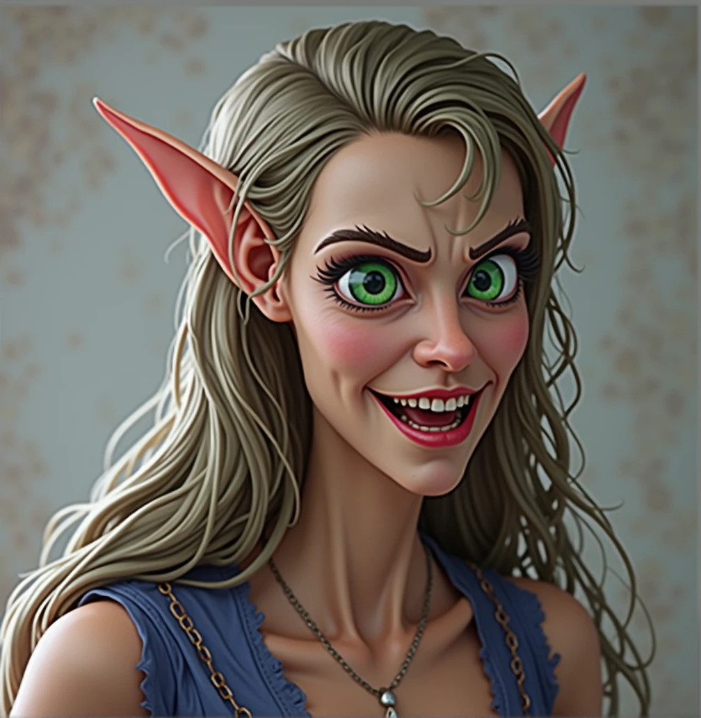 a detailed sexy evil witch with a big nose, long pointy ears, big forehead, long hair tucked behind long pointy ears, raised eyebrows, perfect teeth, wearing a blue dress, evil laugh, cinematic lighting, hyper realistic, 8k hd resolution, highly detailed, photorealistic, masterpiece, very detailed ears, cartoonishly big green eyes