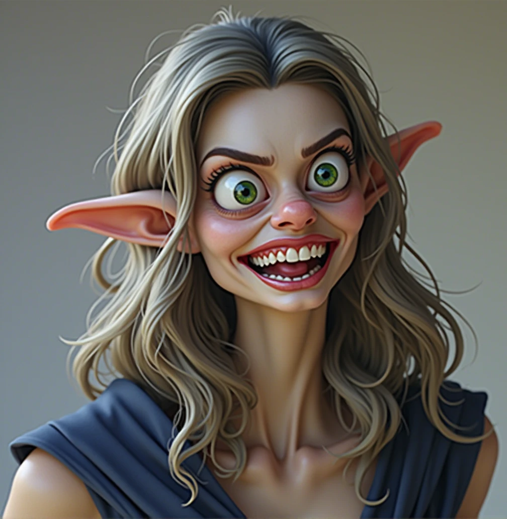 a detailed sexy evil witch with a big nose, long pointy ears, big forehead, long hair tucked behind long pointy ears, raised eyebrows, perfect teeth, wearing a blue dress, evil laugh, cinematic lighting, hyper realistic, 8k hd resolution, highly detailed, photorealistic, masterpiece, very detailed ears, cartoonishly big green eyes