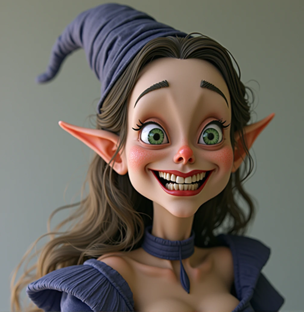 a detailed sexy evil witch with a big nose, long pointy ears, big forehead, long hair tucked behind long pointy ears, raised eyebrows, perfect teeth, wearing a blue dress, evil laugh, cinematic lighting, hyper realistic, 8k hd resolution, highly detailed, photorealistic, masterpiece, very detailed ears, cartoonishly big green eyes
