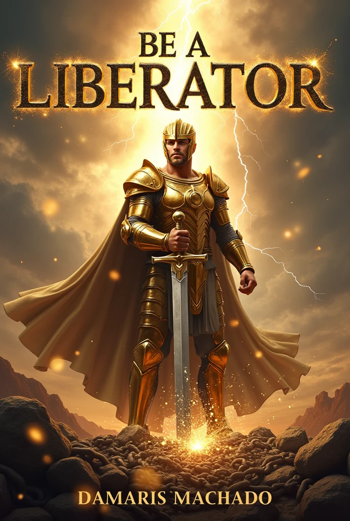 Description of the cover:
fund: The cover background should be a landscape with sky light, maybe a sky and lightning shining in the distance. This setting creates an epic, intense and brilliant tone.. some points of lights floating around Soldier: In the center of the cover, there is an imposing soldier, dressed in a shiny golden armor based on Ephesians 6 from the Bible with helmet and detailed, and in the background a large transparent bible Action: The soldier is in a dynamic pose, holding a large and powerful sword that is cutting heavy chains. chains being destroyed The chains break in several directions, with fragments flying around, many broken chains symbolizing liberation and the breaking of bonds.
expression: your posture conveys strength and confidence.
Additional Detail: Add subtle elements of sparkle, lots of light around his head and light around the broken chains and sword to highlight the action and the sense of power. Small touches of light can also be added to the armor to give it a more heroic effect..
Title and author: The title "BE A LIBERATOR" must be in a grand and imposing font, possibly gold or silver, to contrast with . The name of the author Damaris Machado can be at the bottom of the cover, in a smaller but still readable font, perhaps in white or a color that complements the title.