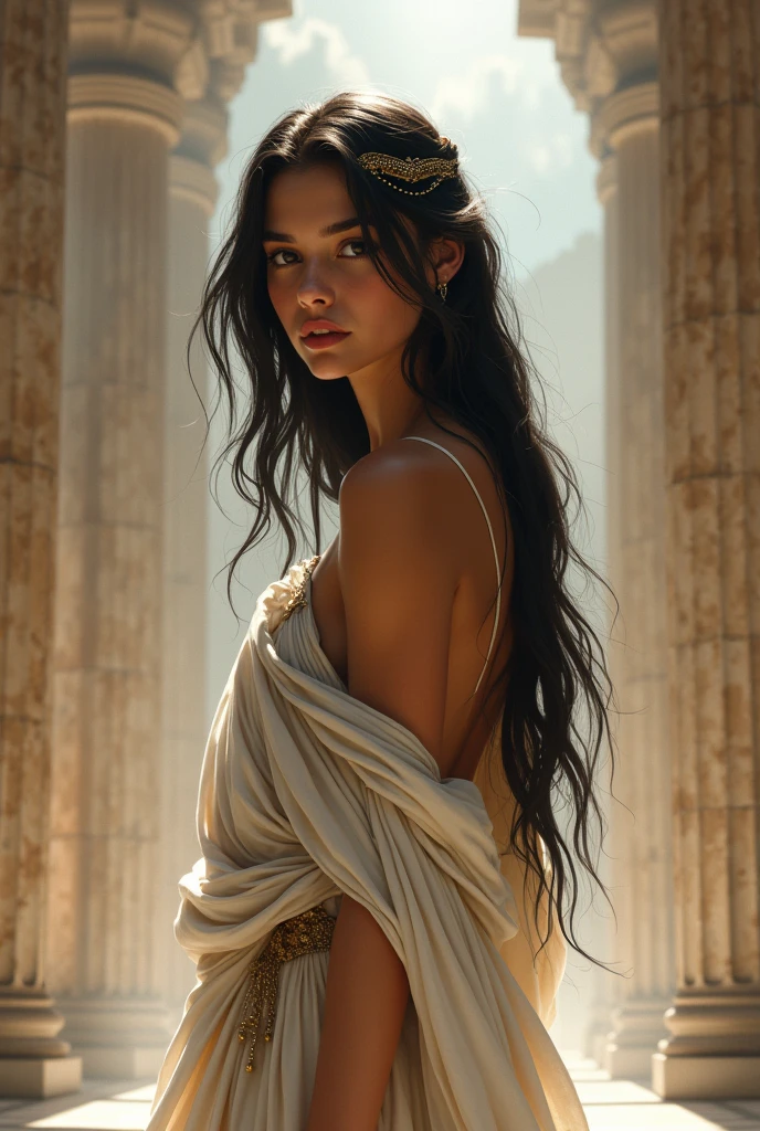 A teenage Greek goddess with cinnamon skin, long straight black hair, slim and beautiful and black eyes 