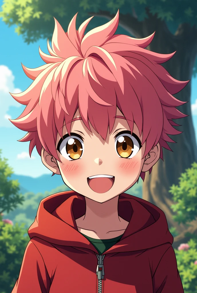 young boy, Smile, Itadori Yuji, dress with Red hood, brown eyes, pink hair, short hair, anime style jujutsu kaisen. Pregnant tree months