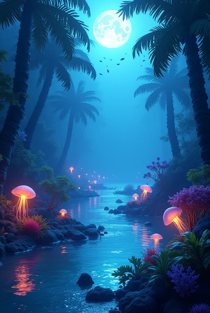 masterpiece, best quality, (Very detailed的 CG unity 8k 壁纸), (best quality), (Best Illustration), (Best shadow), 融入自然元素的Ocean Theme. Tall mangroves, rich Marine plants, Glowing jellyfish, There are schools of fish around, 发光Particle Effects,, (Marine plants), (Ocean Theme), ((Glowing algae)), (coral), ((Glowing jellyfish )), ((Bioluminescent organisms in the sea)), ((Sea Fire)), (((Particle Effects))), Isometric 3D, Octane Rendering, Ray Tracing, Very detailed