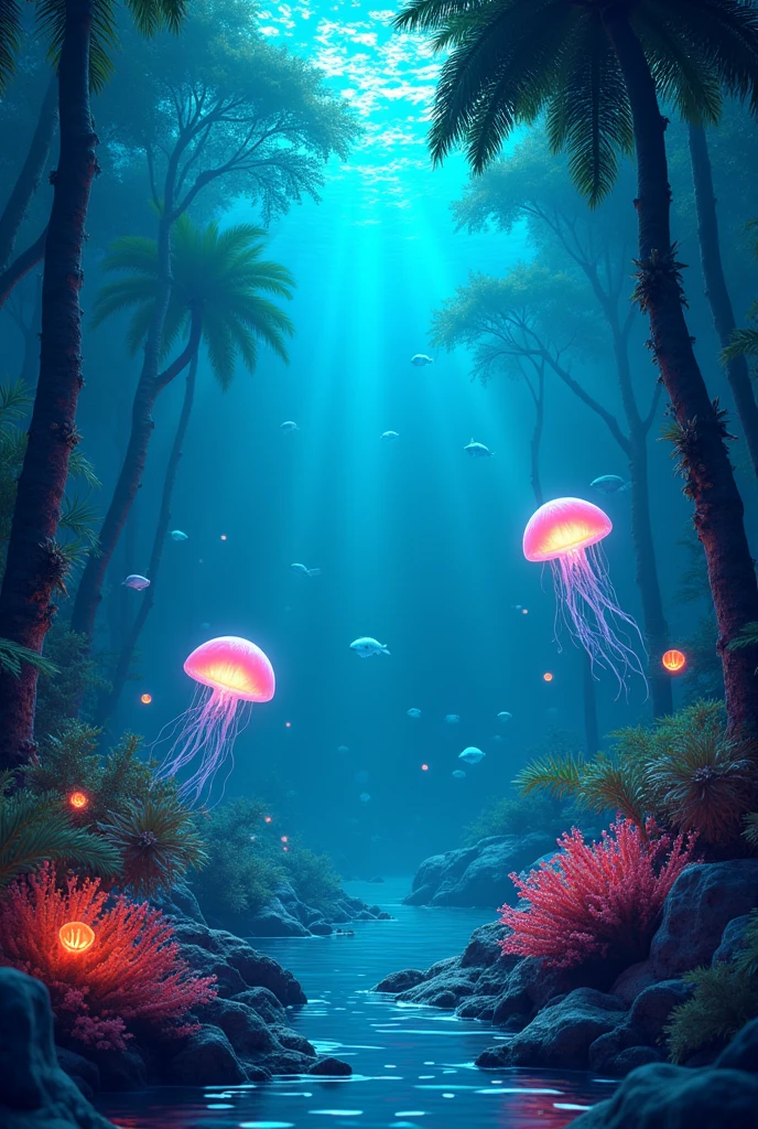 masterpiece, best quality, (Very detailed的 CG unity 8k 壁纸), (best quality), (Best Illustration), (Best shadow), 融入自然元素的Ocean Theme. Tall mangroves, rich Marine plants, Glowing jellyfish, There are schools of fish around, 发光Particle Effects,, (Marine plants), (Ocean Theme), ((Glowing algae)), (coral), ((Glowing jellyfish )), ((Bioluminescent organisms in the sea)), ((Sea Fire)), (((Particle Effects))), Isometric 3D, Octane Rendering, Ray Tracing, Very detailed