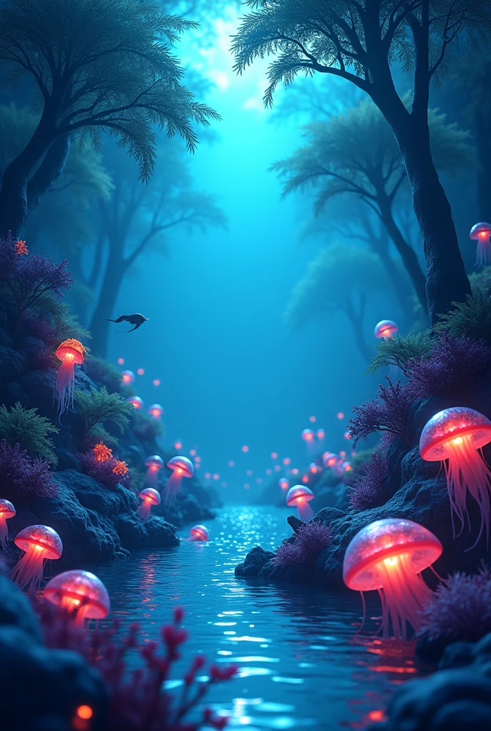 masterpiece, best quality, (Very detailed的 CG unity 8k 壁纸), (best quality), (Best Illustration), (Best shadow), 融入自然元素的Ocean Theme. Tall mangroves, rich Marine plants, Glowing jellyfish, There are schools of fish around, 发光Particle Effects,, (Marine plants), (Ocean Theme), ((Glowing algae)), (coral), ((Glowing jellyfish )), ((Bioluminescent organisms in the sea)), ((Sea Fire)), (((Particle Effects))), Isometric 3D, Octane Rendering, Ray Tracing, Very detailed