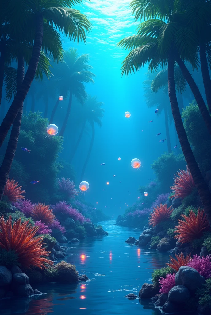 masterpiece, best quality, (Very detailed的 CG unity 8k 壁纸), (best quality), (Best Illustration), (Best shadow), 融入自然元素的Ocean Theme. Tall mangroves, rich Marine plants, Glowing jellyfish, There are schools of fish around, 发光Particle Effects,, (Marine plants), (Ocean Theme), ((Glowing algae)), (coral), ((Glowing jellyfish )), ((Bioluminescent organisms in the sea)), ((Sea Fire)), (((Particle Effects))), Isometric 3D, Octane Rendering, Ray Tracing, Very detailed