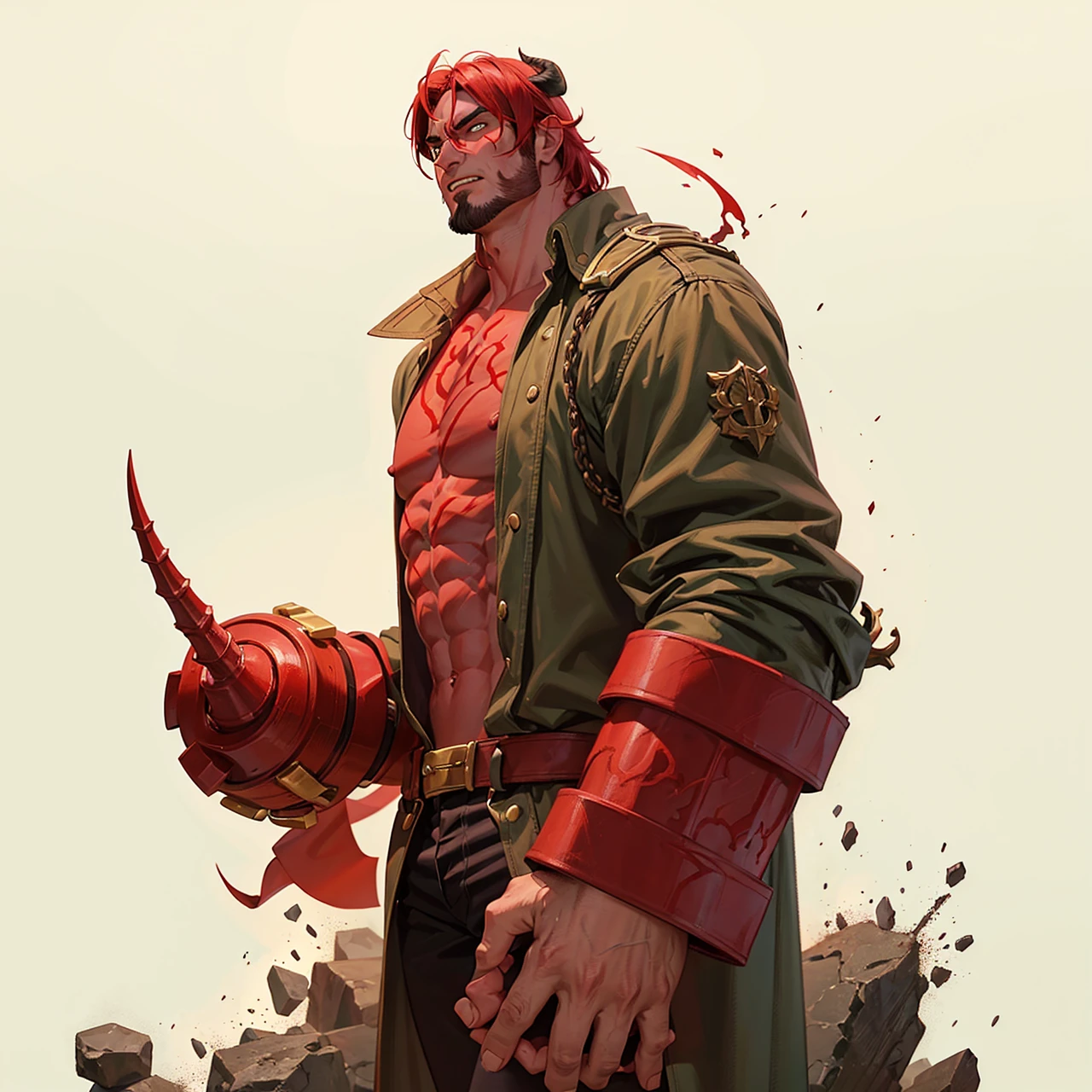 1Male Hellboy, the image contains a drawing of a muscular red-skinned man with horns and a goatee. He looks to the right and his upper body is visible. Background white, ((without horns))