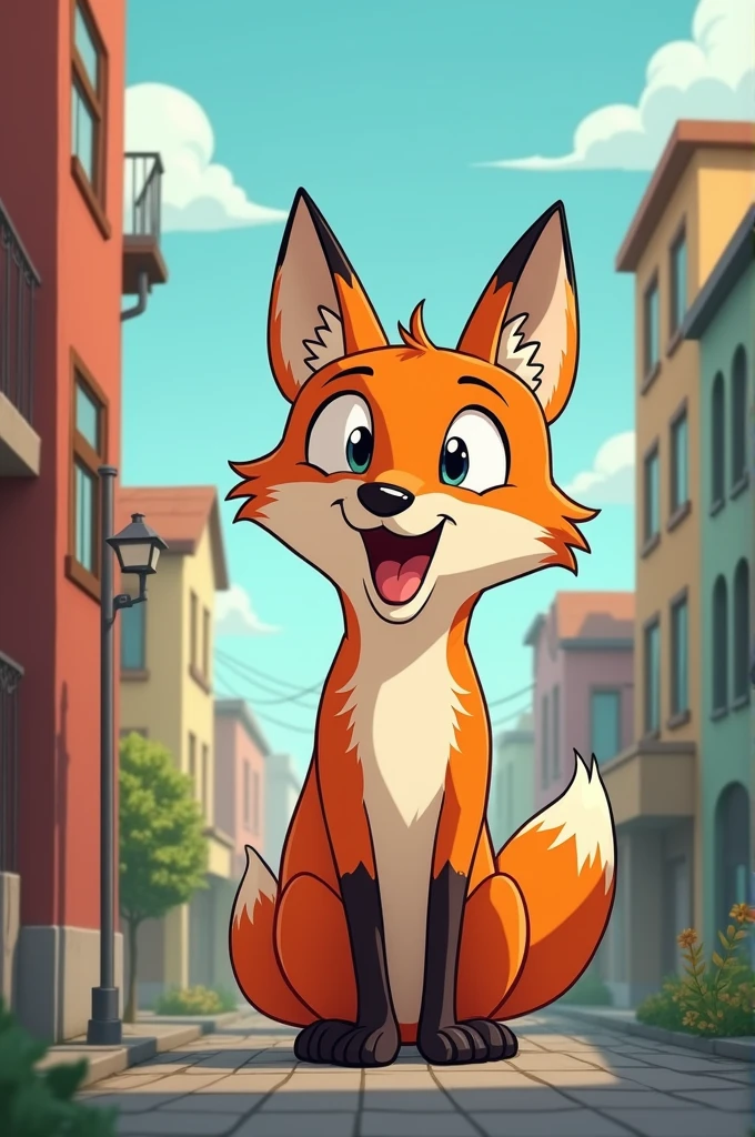 A mean looking fox that is eating a building that walks upright and year and a normal fox Cartoon