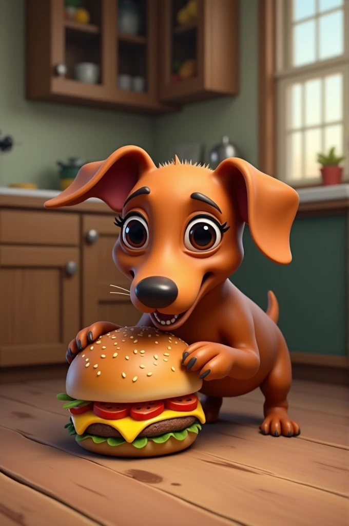 A teckel who eat a hamburger