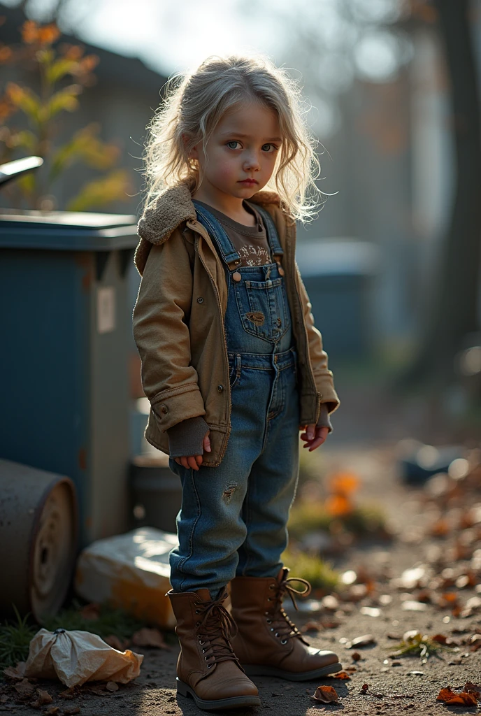 Девочка 10 years, (10 years), девочка 10 years bum, bum, beautiful dirty face, tangled gray hair, blonde, pretty, dirty smelly clothes, rags, torn and full of holes, dirty torn brown leather lace-up boots, cute face, Sweet Lips, innocent blue eyes, a girl rummages through a garbage dump in the yard in search of food and drink, smokes a cigarette and coughs, full length, standing by the trash can, Sunny autumn day