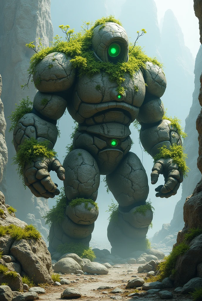 Design a 3D stylized character named 'Moss,' a rock golem infused with the power of nature. Moss should be depicted as a massive, sturdy creature with a body made of boulders and stones, covered in moss, vines, and small plants. The character should have glowing green eyes, symbolizing its connection to the earth. The color palette should include shades of grey, green, and earthy browns, with subtle glowing accents. The background should feature a rocky landscape with towering cliffs, patches of greenery, and a misty atmosphere, highlighting Moss's strength and connection to the land.
