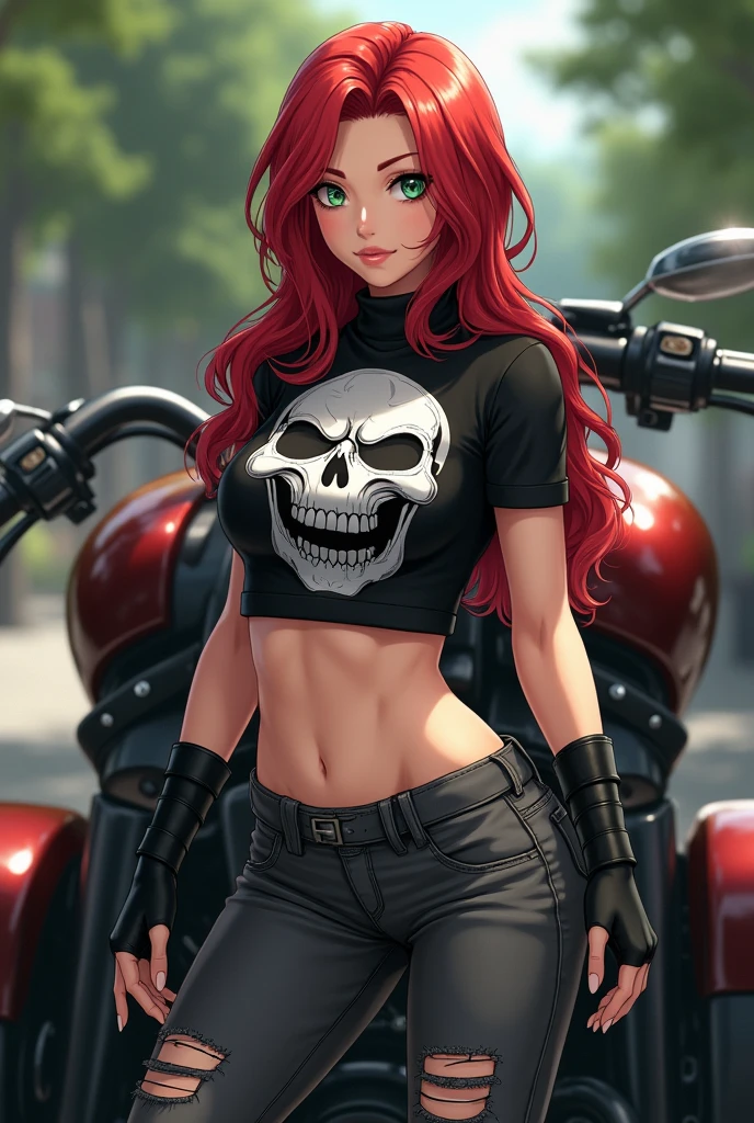 Sexy Anime Woman in her thirties, long Red Hair, Green eyes, black crop top with realistic Skull, dark Grey ripped Jeans, black leather Boots, black fingerless Gloves, Standing in Front of a Harley davidson.