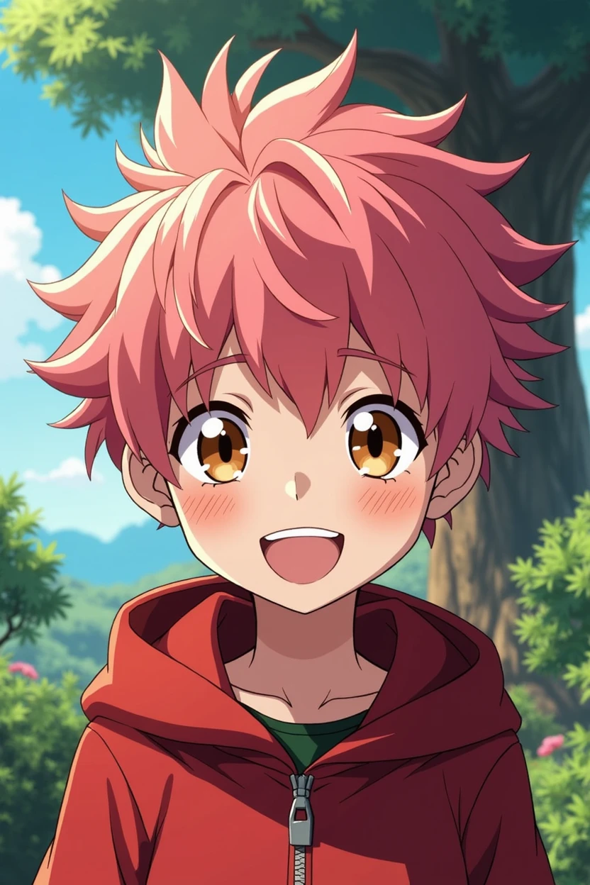 young boy, Smile, Itadori Yuji, dress with Red hood, brown eyes, pink hair, short hair, anime style jujutsu kaisen. Pregnant tree months