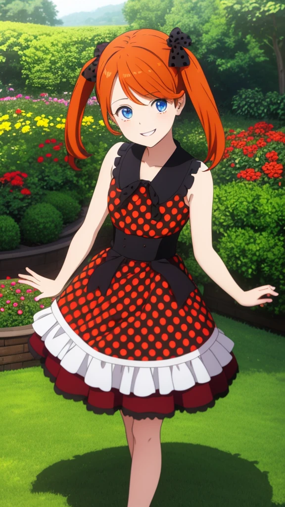 a girl with a red and black polka dot Dress, 1girl, solo, orange hair, Blue eyes, smiling, puffy short slevees, smiling, frekles on face, garden, outdoors, HDR, High quality, Twintails, Best Quality,