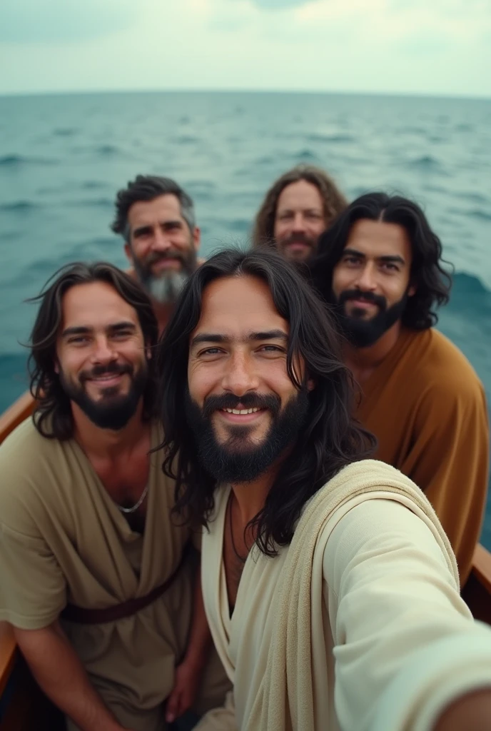 There are 4 characters in this photo, 1 is Jesus Christ who is taking the selfie., where the generated photo is the selfie taken by him, Jesus has long straight black hair and is taking a selfie with three other people on a small boat that is sailing on the sea. The characters are men over 40 years old and the photo generated is the selfie that Jesus is taking. The photo must be the selfie taken by Jesus.
