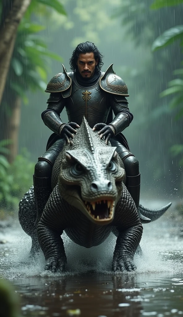 an indonesian fierce handsome man age 32 wavy hair wearing armor suit, riding a giant reptile in a rainy weather in Indonesia, joyously riding, water puddle, realistic photo style, 8k resolution, shot by Canon DSLR, super-detailed