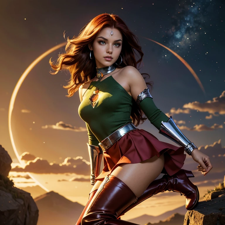 (masterpiece, best quality:1.5), highest quality, High resolution, super detailed, Realists, Full body photo of Starfire from Titans, detailed and beautiful green eyes, beautiful detailed lips, very detailed eyes and face, longeyelashes, additional eyebrows in the forehead area, Beautiful and colorful makeup, Heldenpose, Brown hair, slightly orange skin, bright daylight, bright colors, fine brushstrokes, Portrait style, beautiful color palette, glowing skin, First-class rendering, that captures every detail, enchanting atmosphere, (perfect anatomy:1.2), (The stunning Starfire wears a dark red top with silver shoulder plate, dark red skirt and thigh high dark red boots.Teenans animated series 2003, panoramic view:1.2)