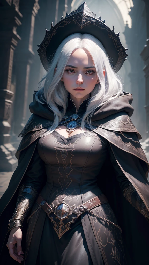 1 ambitious female mage, detailed portrait, medium length white hair, dark eyes, dark cloak and clothes, ((best quality,4k,8k,highres,masterpiece:1.2),ultra-detailed,(realistic,photorealistic,photo-realistic:1.37)), intricate details, chiaroscuro lighting, dramatic shadows, moody atmosphere, fantasy art, digital painting, pointed ears