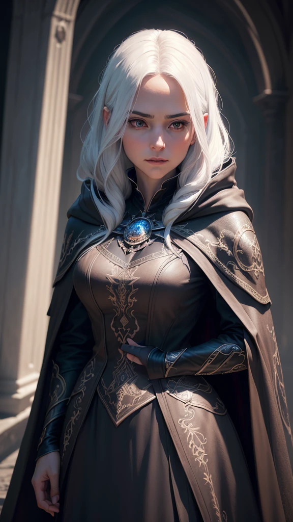 a beautiful detailed portrait of an ambitious and adventurous female mage with medium-length white hair, dark eyes, wearing a dark cloak and clothing, (best quality,4k,8k,highres,masterpiece:1.2),ultra-detailed,(realistic,photorealistic,photo-realistic:1.37),intricate details,chiaroscuro lighting,dramatic shadows,moody atmosphere,fantasy art,digital painting