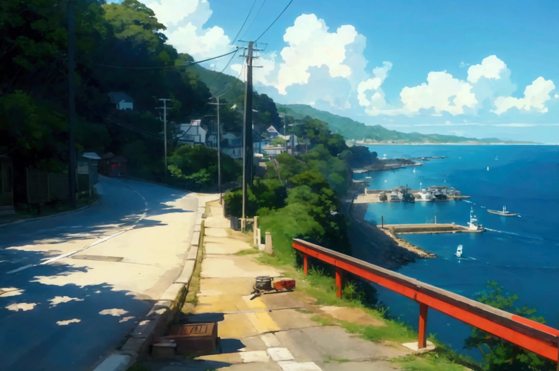 eau qui ruissellesSide view of a coastal road descending towards a small harbor, captured in an anime style artwork. The road is steep, with a guardrail on the left and a small green hill on the right. The asphalt appears slightly worn with some cracks, and a manhole is visible on the road. The coastal area in the background includes a blue ocean with a few boats and a small dock. The scene is bathed in bright, natural sunlight, with shadows cast along the road and guardrail. The general atmosphere is serene and nostalgic, evoking a peaceful Japanese seaside town, on the side of a small Shinto statue