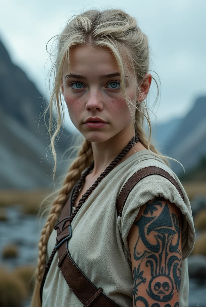 Realistic viking girl, Nordic tattoos, light clothing
