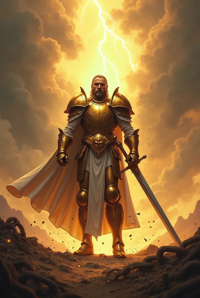 Description of the cover:
fund: The cover background should be a landscape with sky light, maybe a sky and lightning shining in the distance. This setting creates an epic, intense and brilliant tone.. some points of lights floating around Soldier: In the center of the cover, there is an imposing soldier, dressed in a shiny golden armor based on Ephesians 6 from the Bible with helmet and detailed, and in the background a large transparent bible Action: The soldier is in a dynamic pose, holding a large and powerful sword that is cutting heavy chains. chains being destroyed The chains break in several directions, with fragments flying around, many broken chains symbolizing liberation and the breaking of bonds.
expression: your posture conveys strength and confidence.
Additional Detail: Add subtle elements of sparkle, lots of light around his head and light around the broken chains and sword to highlight the action and the sense of power. Small touches of light can also be added to the armor to give it a more heroic effect..and many broken chains author's name " must be in a grand and imposing font, possibly gold or silver, to contrast with . The name of the author Damaris Machado can be at the bottom of the cover, in a smaller but still readable font, perhaps in white or a color that complements the title.
