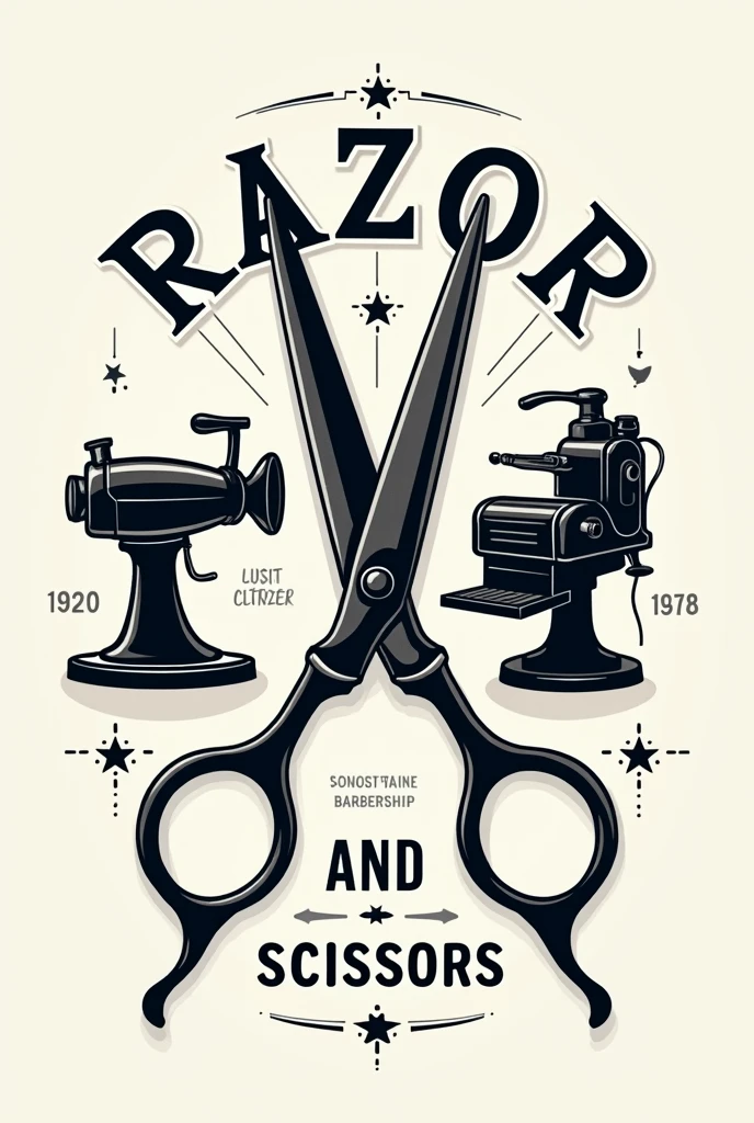Create a barbershop logo that contains scissors and hair cutting machines and the name that appears is razor and scissors