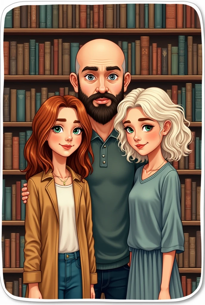 A family, A white man, Cao Cao, almost bald, black beard, greeneyes, next to a white woman de greeneyes com o cabelo castanho-acobreado, straight and without bangs parted in the middle, next to a white woman, greeneyes, curly and blonde hair, in a bookstore, illustration style, sticker

