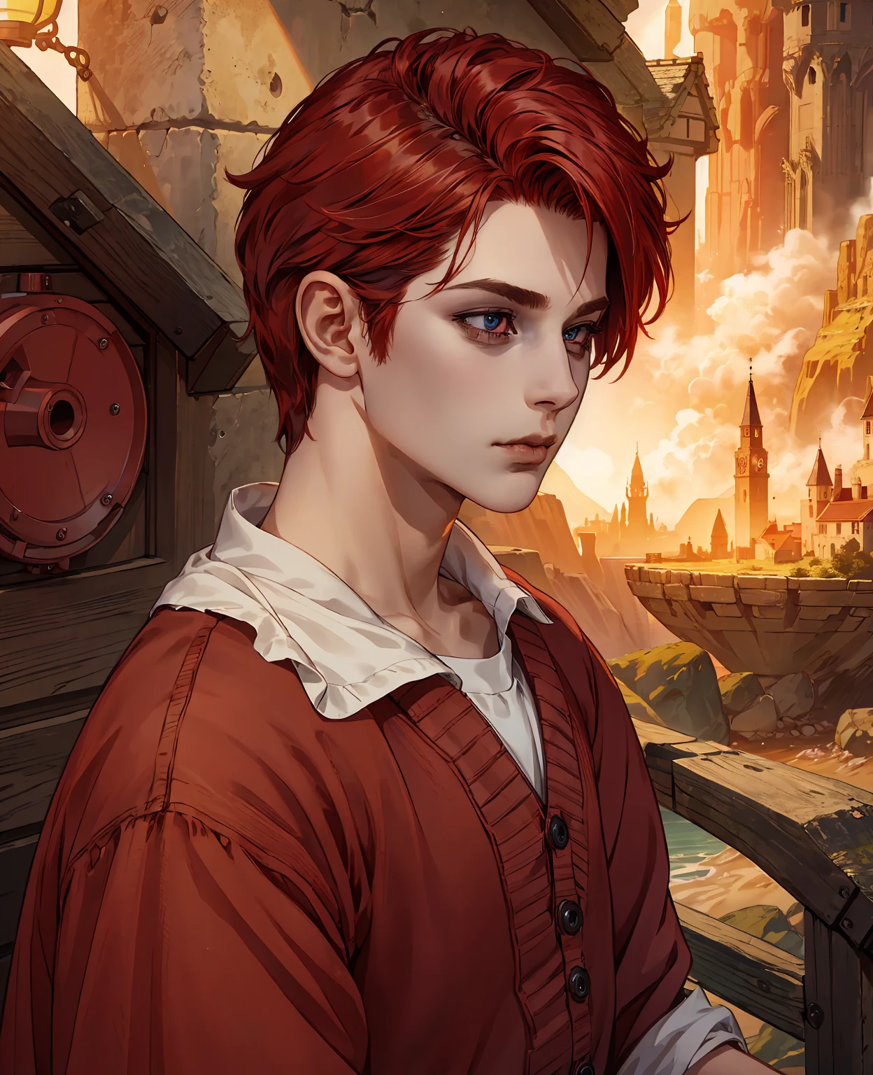 A young man with vibrant red hair and striking red eyes, wearing simple villager clothes, (best quality,4k,8k,highres,masterpiece:1.2),ultra-detailed,(realistic,photorealistic,photo-realistic:1.37),detailed face and features,beautiful detailed eyes,beautiful detailed lips,extremely detailed eyes and face,longeyelashes,detailed clothing,muted color palette,warm lighting,fantasy village,intricate background,atmospheric scene