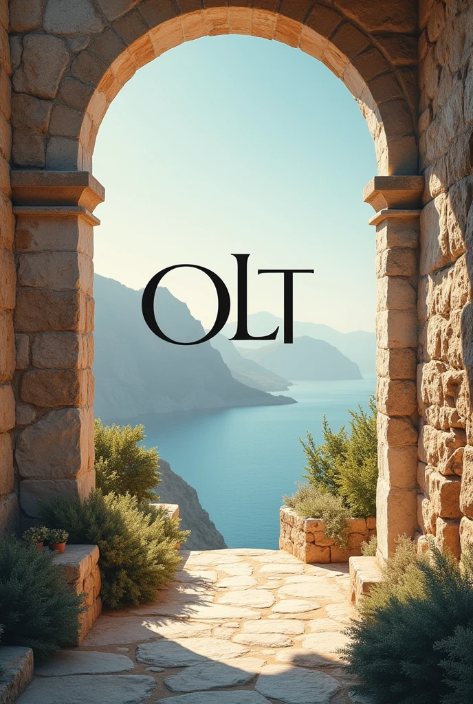 logo of a tourism company, using the letters OLT merging, detailed and elegant, trips, posh, luxury, background in stunning greece, rustic