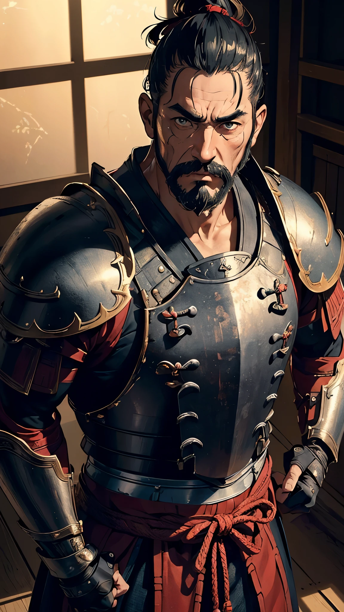 (masterpiece, Highest quality:1.4), 8k, High resolution, (Photorealistic:1.2), Very detailed, Detailed skin, Beautiful attention to detail, Perfect Anatomy, alone, male, Japanese, Age 35, warrior, Black-haired, (Muscular), moustache, beard, Chin hair, Side Lock, Topknot, Crazy Eyes, anger, (Red detailed armor, Red detailed samurai armor, Black detailed chest armor), Japanese clothes, In an old wooden room, Fluorescent lamp, Cinema Lighting, Shadows in the movie, (View your viewers:1.4),Cowboy Shot