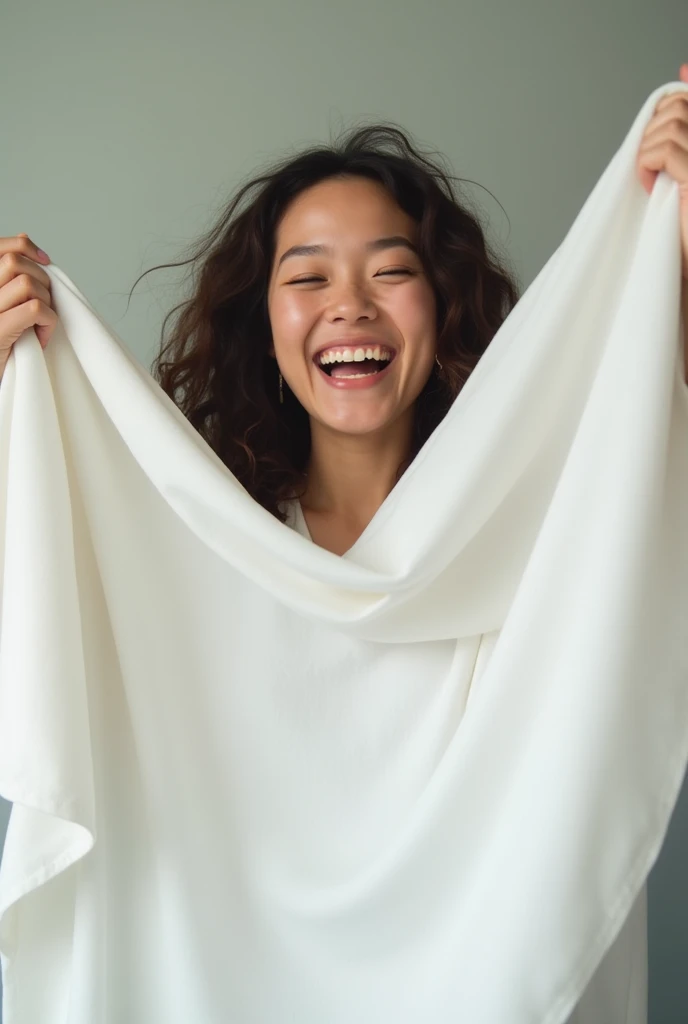 person holding a white blanket with his hands up, laughing. hyperrealistic image with a lens aperture of 1.4 at a focal length of 35 mm